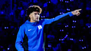 Oct 3, 2025; Durham, NC, USA;  Duke Blue Devils forward Cameron Boozer (12) is introduced during player introductions at the Countdown to Craziness at the Cameron Indoor Stadium. Mandatory Credit: Jaylynn Nash-Imagn Images