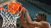 Oct 4, 2025; Charlotte, NC, USA; North Carolina Tar Heels forward Caleb Wilson (8) shoots but the ball rims out in the first half at Dean E. Smith Center. Mandatory Credit: Bob Donnan-Imagn Images