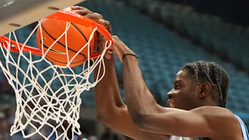 Oct 4, 2025; Charlotte, NC, USA; North Carolina Tar Heels forward Caleb Wilson (8) shoots but the ball rims out in the first half at Dean E. Smith Center. Mandatory Credit: Bob Donnan-Imagn Images