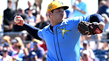 Feb 24, 2024; Port Charlotte, Florida, USA; Tampa Bay Rays pitcher Nathan Wiles (91) throws a pitch in the first inning of a spring training game against the Atlanta Braves at Charlotte Sports Park. Mandatory Credit: Jonathan Dyer-Imagn Images