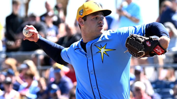 Feb 24, 2024; Port Charlotte, Florida, USA; Tampa Bay Rays pitcher Nathan Wiles (91) throws a pitch in the first inning of a spring training game against the Atlanta Braves at Charlotte Sports Park. Mandatory Credit: Jonathan Dyer-Imagn Images