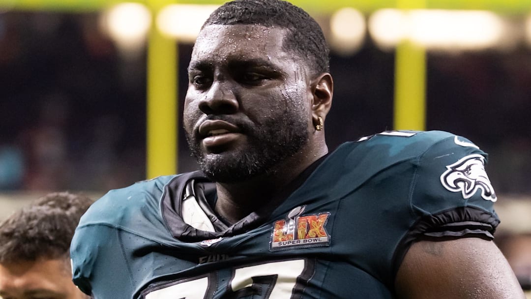 Feb 9, 2025; New Orleans, LA, USA; Former Philadelphia Eagles offensive tackle Mekhi Becton (77) against the Kansas City Chiefs during Super Bowl LIX at Ceasars Superdome.