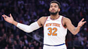 Nov 12, 2025; New York, New York, USA;  New York Knicks center Karl-Anthony Towns (32) gestures after scoring in the first quarter against the Orlando Magic at Madison Square Garden. Mandatory Credit: Wendell Cruz-Imagn Images