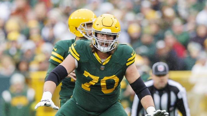 Oct 16, 2022; Green Bay, Wisconsin, USA;  Green Bay Packers offensive lineman Royce Newman (70) during the game against the New York Jets at Lambeau Field. Mandatory Credit: Jeff Hanisch-USA TODAY Sports