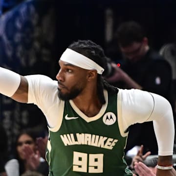 Milwaukee Bucks forward Jae Crowder (99) reacts after scoring a basket in the third quarter against the Indiana Pacers during game one of the first round for the 2024 NBA playoffs at Fiserv Forum. 