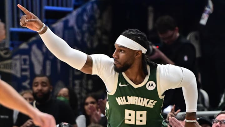 Milwaukee Bucks forward Jae Crowder (99) reacts after scoring a basket in the third quarter against the Indiana Pacers during game one of the first round for the 2024 NBA playoffs at Fiserv Forum. 