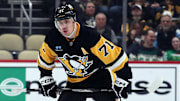 Dec 23, 2024; Pittsburgh, Pennsylvania, USA;  Pittsburgh Penguins center Evgeni Malkin (71) prepares to take a face-off against the Philadelphia Flyers during the third period at PPG Paints Arena. Mandatory Credit: Charles LeClaire-Imagn Images
