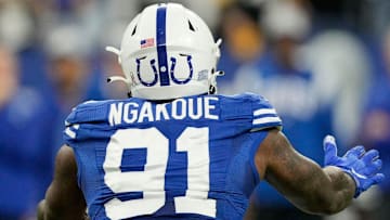 Indianapolis Colts defensive end Yannick Ngakoue (91) moves in to sack Pittsburgh Steelers quarterback Kenny Pickett (8) on Monday, Nov. 28, 2022, during a game against the Pittsburgh Steelers at Lucas Oil Stadium in Indianapolis.