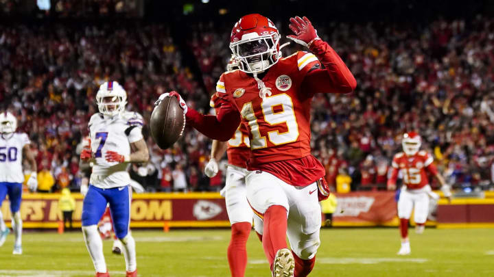 Dec 10, 2023; Kansas City, Missouri, USA; Kansas City Chiefs wide receiver Kadarius Toney (19) scores a touchdown during the second half against the Buffalo Bills at GEHA Field at Arrowhead Stadium. The play would be called back due to an offensive penalty. Mandatory Credit: Jay Biggerstaff-USA TODAY Sports