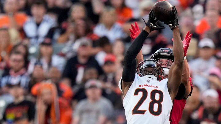 Cincinnati Bengals cornerback Josh Newton (28) intercepts a pass in the second quarter of the NFL Preseason Week 1 game between the Cincinnati Bengals and the Tampa Bay Buccaneers at Paycor Stadium in downtown Cincinnati on Saturday, Aug. 10, 2024.