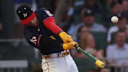 Jul 14, 2025; Atlanta, GA, USA; Athletics designated hitter Brent Rooker (25) during the 2025 Home Run Derby at Truist Park. Mandatory Credit: Brett Davis-Imagn Images