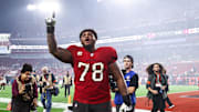 Jan 15, 2024; Tampa, Florida, USA; Tampa Bay Buccaneers offensive tackle Tristan Wirfs (78) reacts after a victory against the Philadelphia Eagles in a 2024 NFC wild card game at Raymond James Stadium. Mandatory Credit: Kim Klement Neitzel-Imagn Images