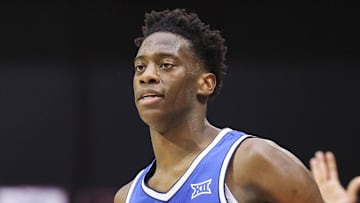 Nov 28, 2025; Kissimmee, FL, USA; Brigham Young University Cougars forward AJ Dybantsa (3) reacts after making a three point basket against the Dayton Flyers in the second half during the ESPN Events Invitational at State Farm Field House. Mandatory Credit: Nathan Ray Seebeck-Imagn Images