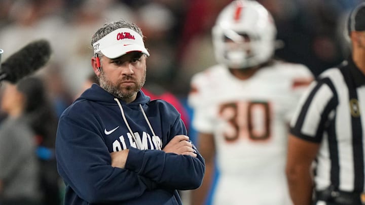 Ole Miss head coach Pete Golding stands on the field during warmups before the CFP Fiesta Bowl at the State Farm Stadium, in Glendale, Ariz., on Thursday, Jan. 8, 2026.