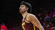 Mar 9, 2025; Piscataway, New Jersey, USA; Minnesota Golden Gophers forward Dawson Garcia (3) looks up after making a three point basket during the first half against the Rutgers Scarlet Knights at Jersey Mike's Arena. Mandatory Credit: Vincent Carchietta-Imagn Images