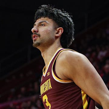 Mar 9, 2025; Piscataway, New Jersey, USA; Minnesota Golden Gophers forward Dawson Garcia (3) looks up after making a three point basket during the first half against the Rutgers Scarlet Knights at Jersey Mike's Arena. Mandatory Credit: Vincent Carchietta-Imagn Images