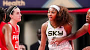 Chicago Sky forward Angel Reese (5) reacts to a flagrant foul from Indiana Fever guard Caitlin Clark (22) on Saturday, May 17, 2025, during a game between the Indiana Fever and the Chicago Sky at Gainbridge Fieldhouse in Indianapolis. The Indiana Fever defeated the Chicago Sky, 93-58.