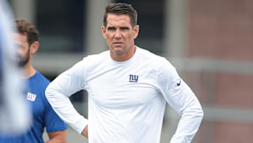 Jul 24, 2024; East Rutherford, NJ, USA; New York Giants general manager Joe Schoen looks on during training camp at Quest Diagnostics Training Facility. Mandatory Credit: Vincent Carchietta-Imagn Images
