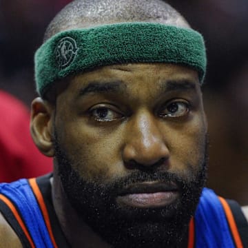 New York Knicks guard Baron Davis during game against the Milwaukee Bucks. Mandatory Credit: Benny Sieu-Imagn Images