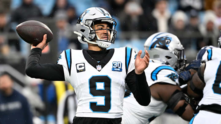 Dec 15, 2024; Charlotte, North Carolina, USA; Carolina Panthers quarterback Bryce Young (9) looks to pass in the fourth quarter at Bank of America Stadium. Dec 15, 2024; Charlotte, North Carolina, USA; Carolina Panthers quarterback Bryce Young (9) looks to pass in the fourth quarter at Bank of America Stadium.