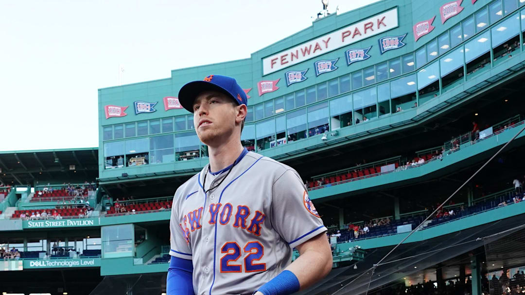 Jul 23, 2023; Boston, Massachusetts, USA; New York Mets third baseman Brett Baty (22) walks onto the field before the start of the game against the Boston Red Sox at Fenway Park. Mandatory Credit: David Butler II-Imagn Images