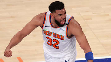 May 29, 2025; New York, New York, USA; New York Knicks center Karl-Anthony Towns (32) reacts during the second quarter of game five of the eastern conference finals against the Indiana Pacers during the 2025 NBA Playoffs at Madison Square Garden. Mandatory Credit: Brad Penner-Imagn Images