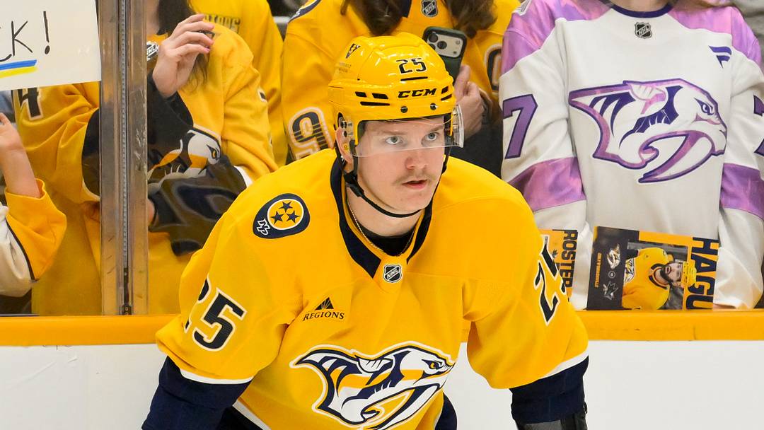 Mar 24, 2026; Nashville, Tennessee, USA;  Nashville Predators right wing Joakim Kemell (25) against the San Jose Sharks before a game at Bridgestone Arena. Mandatory Credit: Steve Roberts-Imagn Images