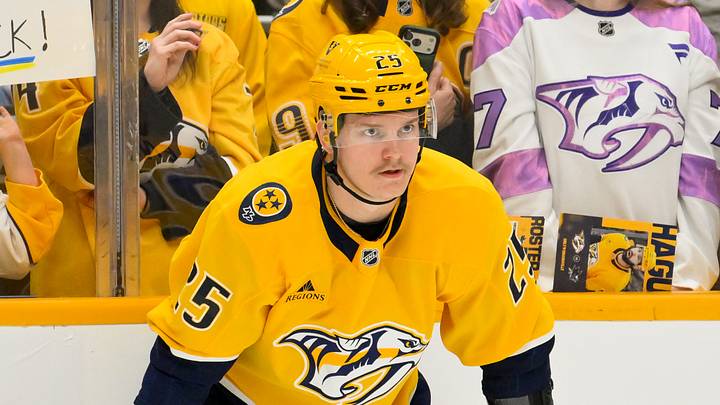Mar 24, 2026; Nashville, Tennessee, USA; Nashville Predators right wing Joakim Kemell (25) against the San Jose Sharks before a game at Bridgestone Arena. Mandatory Credit: Steve Roberts-Imagn Images Mar 24, 2026; Nashville, Tennessee, USA; Nashville Predators right wing Joakim Kemell (25) against the San Jose Sharks before a game at Bridgestone Arena. Mandatory Credit: Steve Roberts-Imagn Images