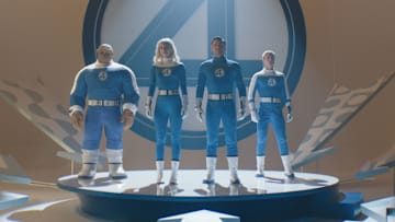 (L-R): Ebon Moss-Bachrach as Ben Grimm/The Thing, Vanessa Kirby as Sue Storm/Invisible Woman, Pedro Pascal as Reed Richards/Mister Fantastic and Joseph Quinn as Johnny Storm/Human Torch in 20th Century Studios/Marvel Studios' THE FANTASTIC FOUR: FIRST STEPS. Photo courtesy of 20th Century Studios/Marvel Studios. © 2025 20th Century Studios / © and ™ 2025 MARVEL.