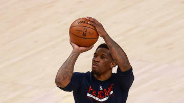 Jan 19, 2021; Salt Lake City, Utah, USA; New Orleans Pelicans guard Eric Bledsoe (5) warms up before the game against the Utah Jazz at Vivint Smart Home Arena. Mandatory Credit: Chris Nicoll-USA TODAY Sports