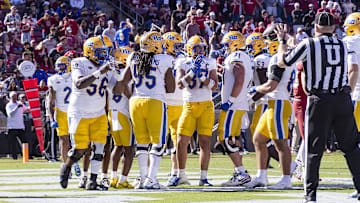 Nov 1, 2025; Stanford, California, USA; Pittsburgh Panthers wide receiver Deuce Spann (7) celebrates after he scored a touchdown against the Stanford Cardinal during the second quarter at Stanford Stadium. Mandatory Credit: John Hefti-Imagn Images