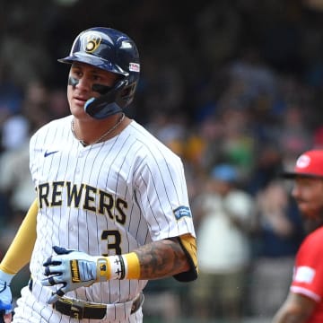 Jun 15, 2024; Milwaukee, Wisconsin, USA; Milwaukee Brewers third base Joey Ortiz (3) rounds the bases after hitting a home run against the Cincinnati Reds in the fifth inning at American Family Field. Mandatory Credit: Michael McLoone-USA TODAY Sports