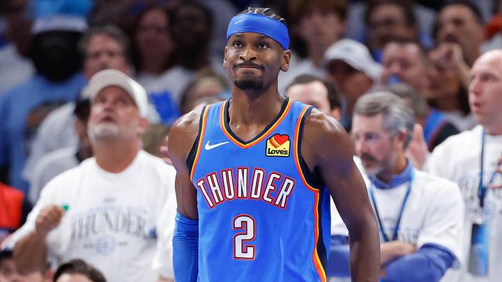 May 20, 2026; Oklahoma City, Oklahoma, USA; Oklahoma City Thunder guard Shai Gilgeous-Alexander (2) reacts to a play during the fourth quarter against the San Antonio Spurs during game two of the western conference finals for the 2026 NBA playoffs at Paycom Center. Mandatory Credit: Alonzo Adams-Imagn Images