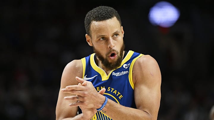 Apr 11, 2024; Portland, Oregon, USA; Golden State Warriors guard Stephen Curry (30) claps his hands in celebration during the second half against the Portland Trail Blazers at Moda Center. Mandatory Credit: Troy Wayrynen-Imagn Images