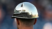 Jun 17, 2022; Omaha, NE, USA; A detail view of a Notre Dame helmet reflects during the game against the Texas Longhorns at Charles Schwab Field.
