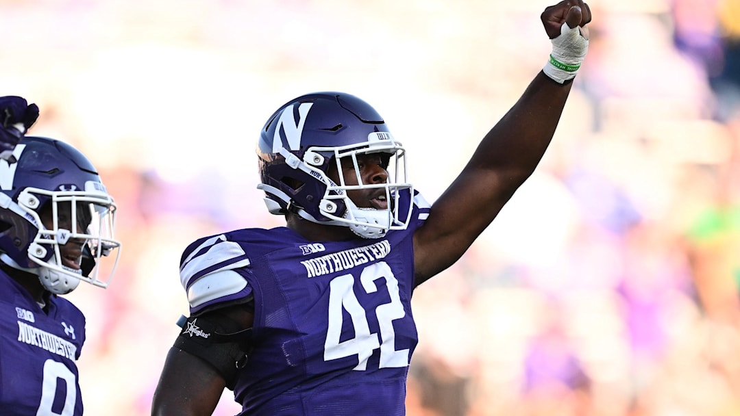 Northwestern Wildcats defensive lineman Anto Saka celebrates after holding the University of Texas El Paso Miners on downs in the second half at Ryan Field. 