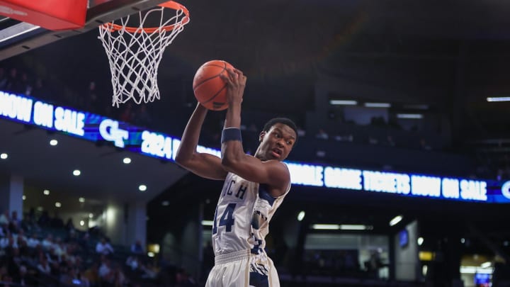 Feb 6, 2024; Atlanta, Georgia, USA; Georgia Tech Yellow Jackets guard Kowacie Reeves Jr. (14) grabs a rebound against the Wake Forest Demon Deacons in the first half at McCamish Pavilion. Mandatory Credit: Brett Davis-USA TODAY Sports