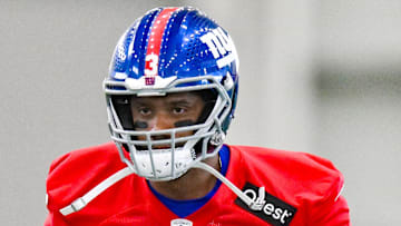 Jun 18, 2025; East Rutherford, NJ, USA; New York Giants quarterback Russell Wilson (3) warms up during minicamp at Quest Diagnostics Training Center. 