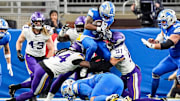 Detroit Lions running back Jahmyr Gibbs (0) runs against Minnesota Vikings during the second half at Ford Field in Detroit on Sunday, November 2, 2025.