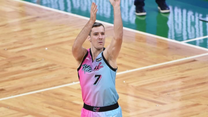 May 9, 2021; Boston, Massachusetts, USA; Miami Heat guard Goran Dragic (7) shoots the ball during the first half against the Boston Celtics at TD Garden. Mandatory Credit: Bob DeChiara-USA TODAY Sports