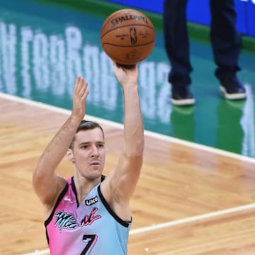 May 9, 2021; Boston, Massachusetts, USA; Miami Heat guard Goran Dragic (7) shoots the ball during the first half against the Boston Celtics at TD Garden. Mandatory Credit: Bob DeChiara-Imagn Images