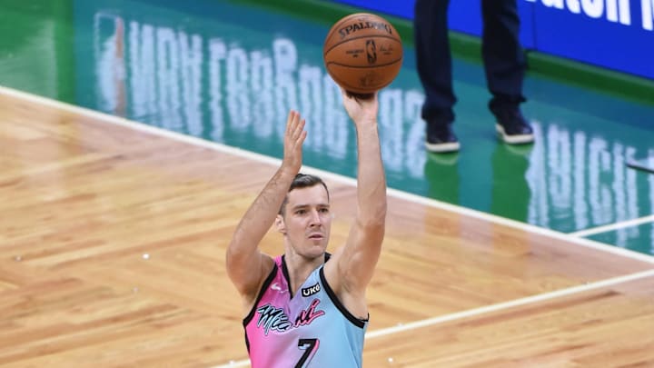 May 9, 2021; Boston, Massachusetts, USA; Miami Heat guard Goran Dragic (7) shoots the ball during the first half against the Boston Celtics at TD Garden. Mandatory Credit: Bob DeChiara-Imagn Images