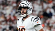 Cincinnati Bengals quarterback Joe Flacco (16) runs off before a field goal attempt in the fourth quarter of the NFL Week 7 game between the Cincinnati Bengals and the Pittsburgh Steelers at Paycor Stadium in downtown Cincinnati on Thursday, Oct. 16, 2025. The Bengals won, 33-31.