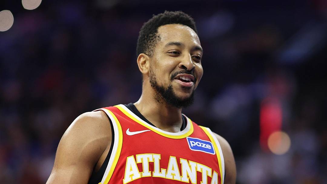 Feb 19, 2026; Philadelphia, Pennsylvania, USA; Atlanta Hawks guard CJ McCollum (3) smiles after a play against the Philadelphia 76ers during the third quarter at Xfinity Mobile Arena. Mandatory Credit: Bill Streicher-Imagn Images
