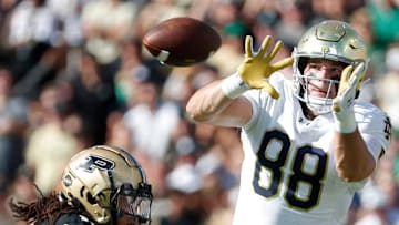 Purdue Boilermakers defensive back Antonio Stevens (11) defends the pass to Notre Dame Fighting Irish tight end Mitchell Evans (88) Saturday, Sept. 14, 2024, during the NCAA football game at Ross-Ade Stadium in West Lafayette, Ind. Notre Dame Fighting Irish won 66-7.