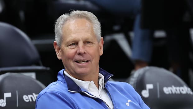 Apr 4, 2023; Salt Lake City, Utah, USA; Utah Jazz CEO Danny Ainge watches warms ups before a game against the Los Angeles Lak