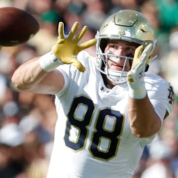 Purdue Boilermakers defensive back Antonio Stevens (11) defends the pass to Notre Dame Fighting Irish tight end Mitchell Evans (88) Saturday, Sept. 14, 2024, during the NCAA football game at Ross-Ade Stadium in West Lafayette, Ind. Notre Dame Fighting Irish won 66-7.