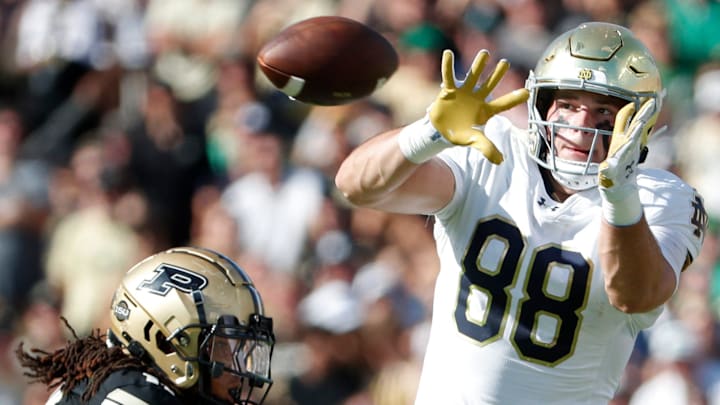 Purdue Boilermakers defensive back Antonio Stevens (11) defends the pass to Notre Dame Fighting Irish tight end Mitchell Evans (88) Saturday, Sept. 14, 2024, during the NCAA football game at Ross-Ade Stadium in West Lafayette, Ind. Notre Dame Fighting Irish won 66-7.