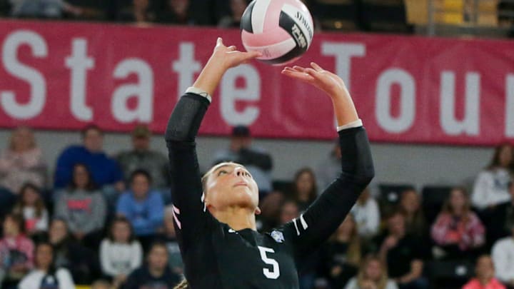 Waukee Northwest's Avery Vogt (5) sets the ball in the Class 5A state volleyball championship against Pleasant Valley Thursday, Nov. 7, 2024 at Xtream Arena in Coralville, Iowa.
