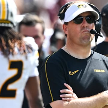 Oct 5, 2024; College Station, Texas, USA; Missouri Tigers head coach Eli Drinkwitz looks on In the third quarter against the Texas A&M Aggies at Kyle Field. Mandatory Credit: Maria Lysaker-Imagn Images. 